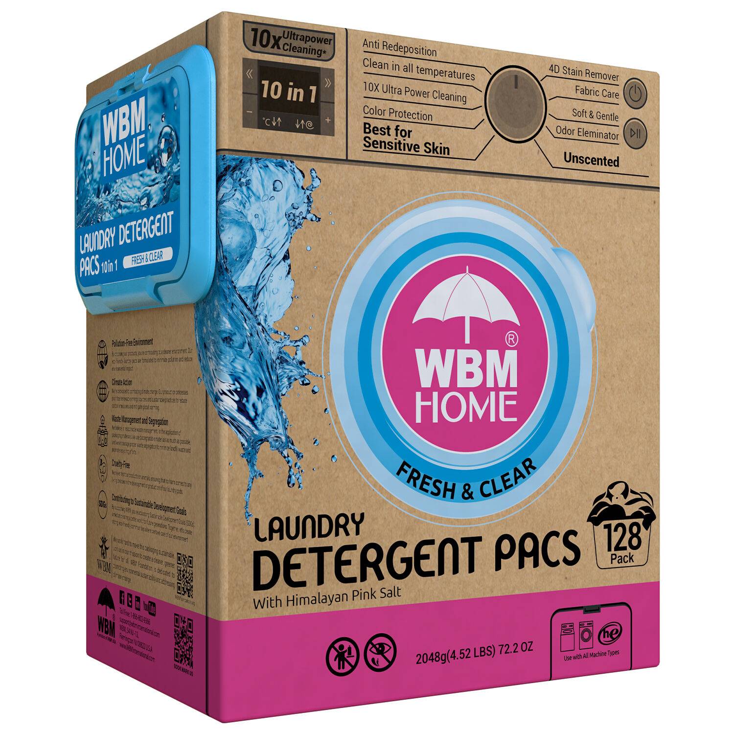 WBM HOME Laundry Detergent Pods, 128 Count | Fresh & Clear Unscented