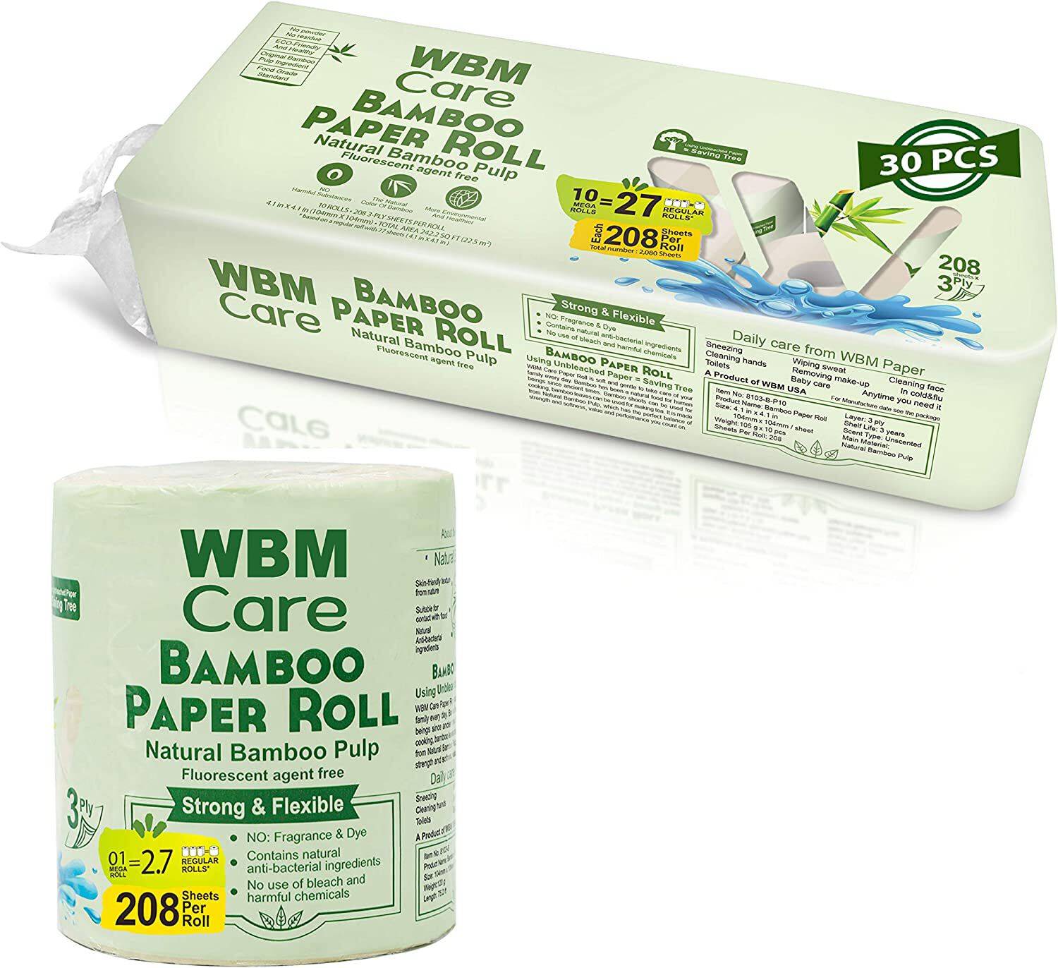 WBM Care Natural Bamboo Toilet Paper- 3 Ply 208 Sheets/Each, 30 Rolls