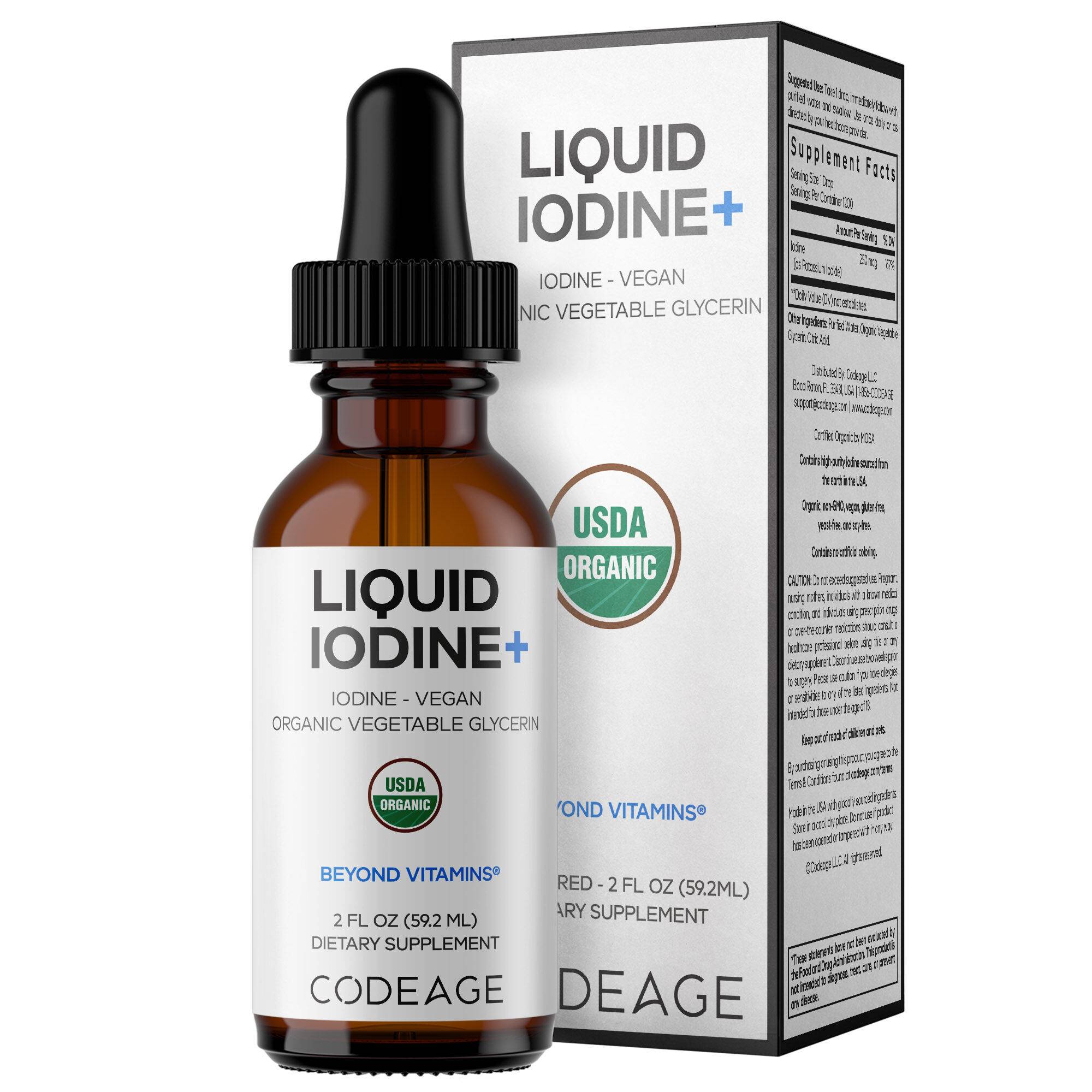 USDA Certified Organic Iodine Drops 250mcg Vegan Potassium Liquid Drop
