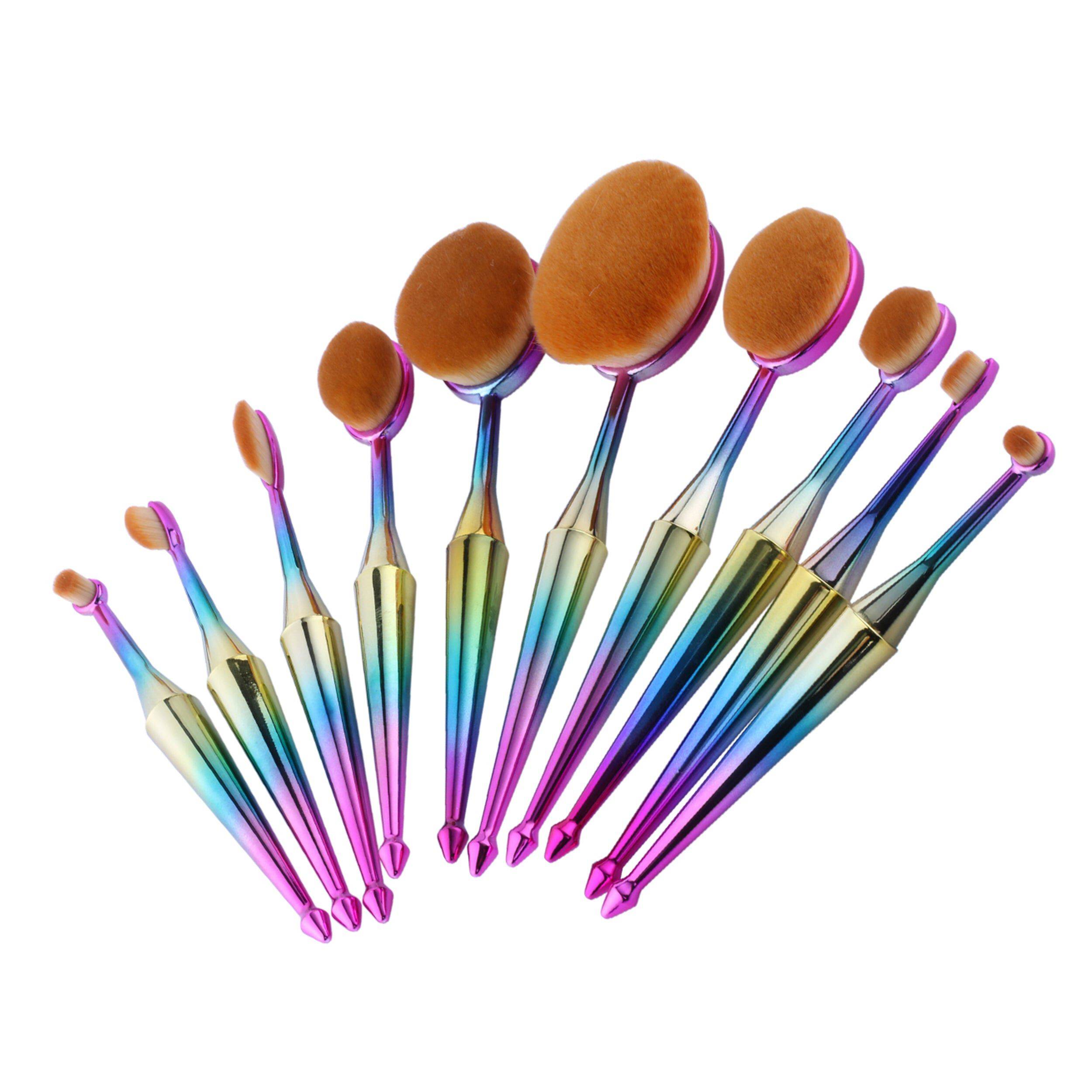 10-Piece Everyday Use Oval Kabuki Metallic Cosmetic Makeup Brushes Set