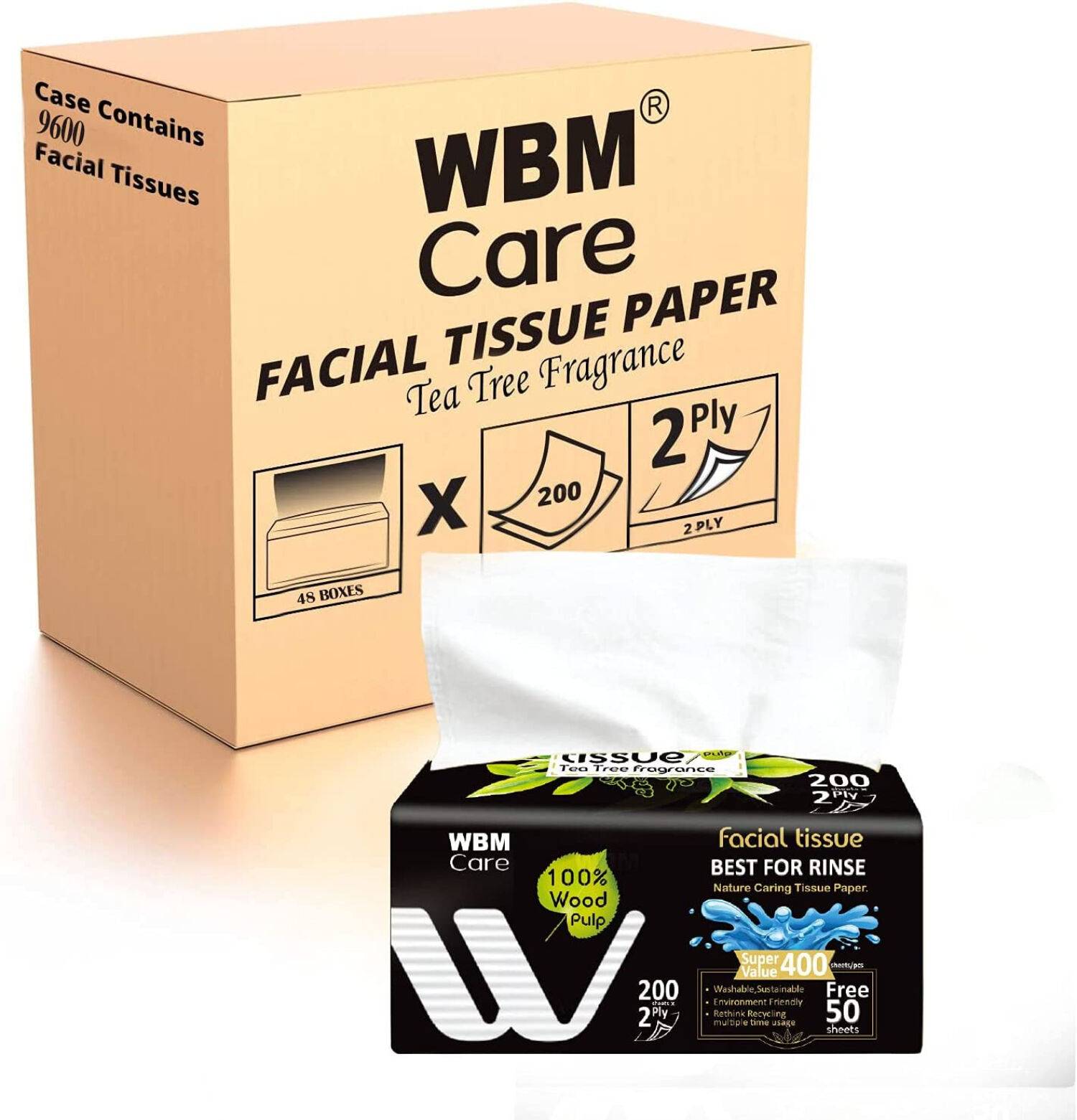 WBM Care 2-Ply Facial Tissues with Tea Tree Fragrance - 48 Count