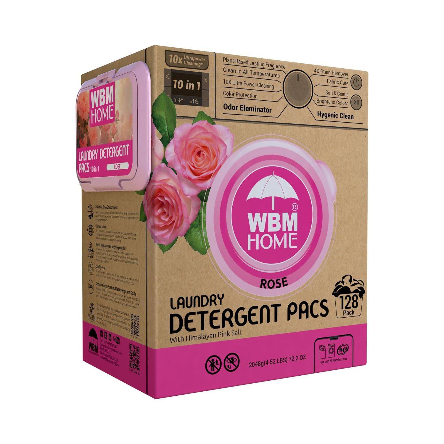 WBM Home 10-in-1 Laundry Pods 128 Count, With Rose Extracts
