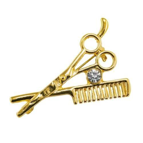 Gold Shear & Comb Lapel Pin With Jewel