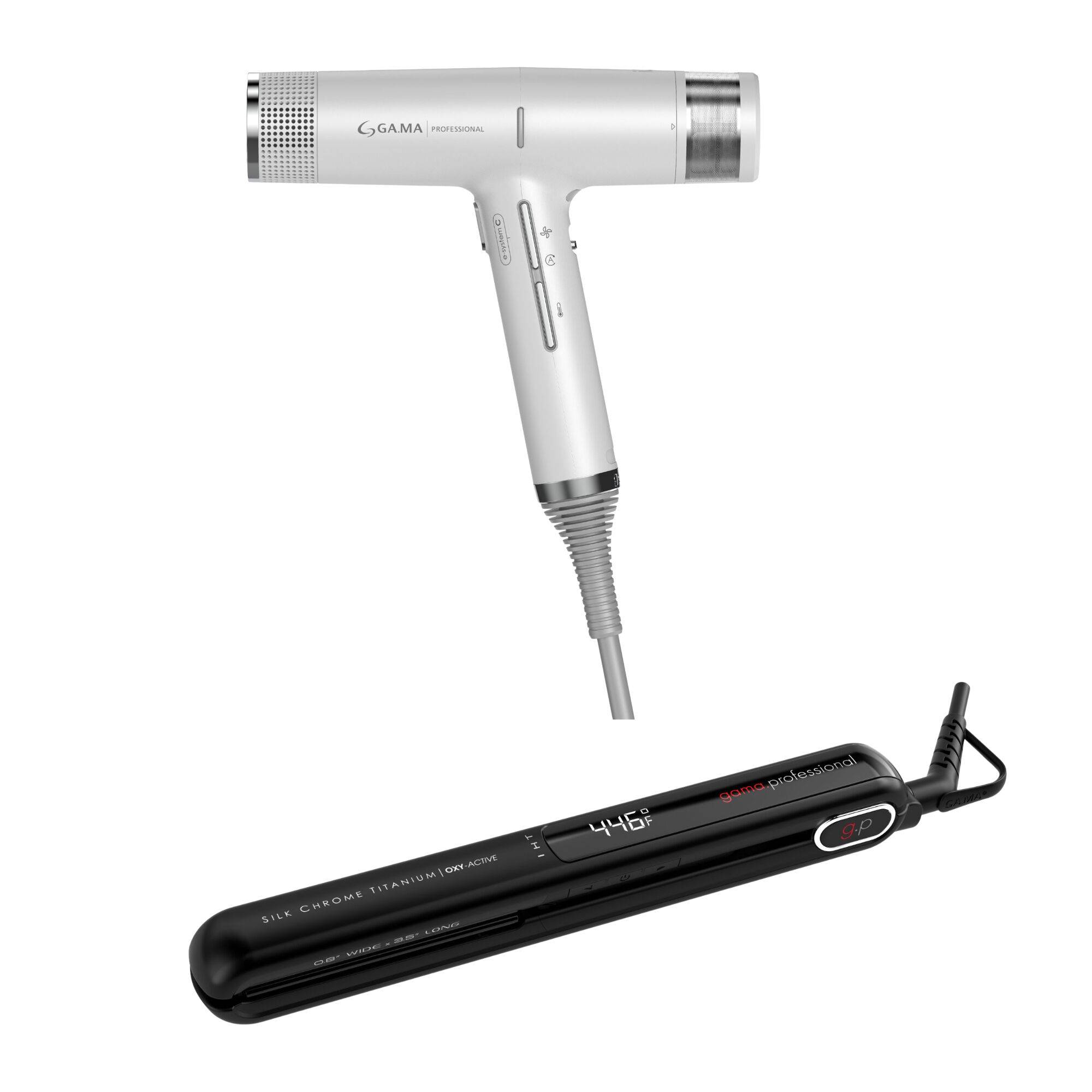 G-Evo Silk Chrome Titanium Flat Iron + iQ1 Perfetto Hair Dryer Bundle