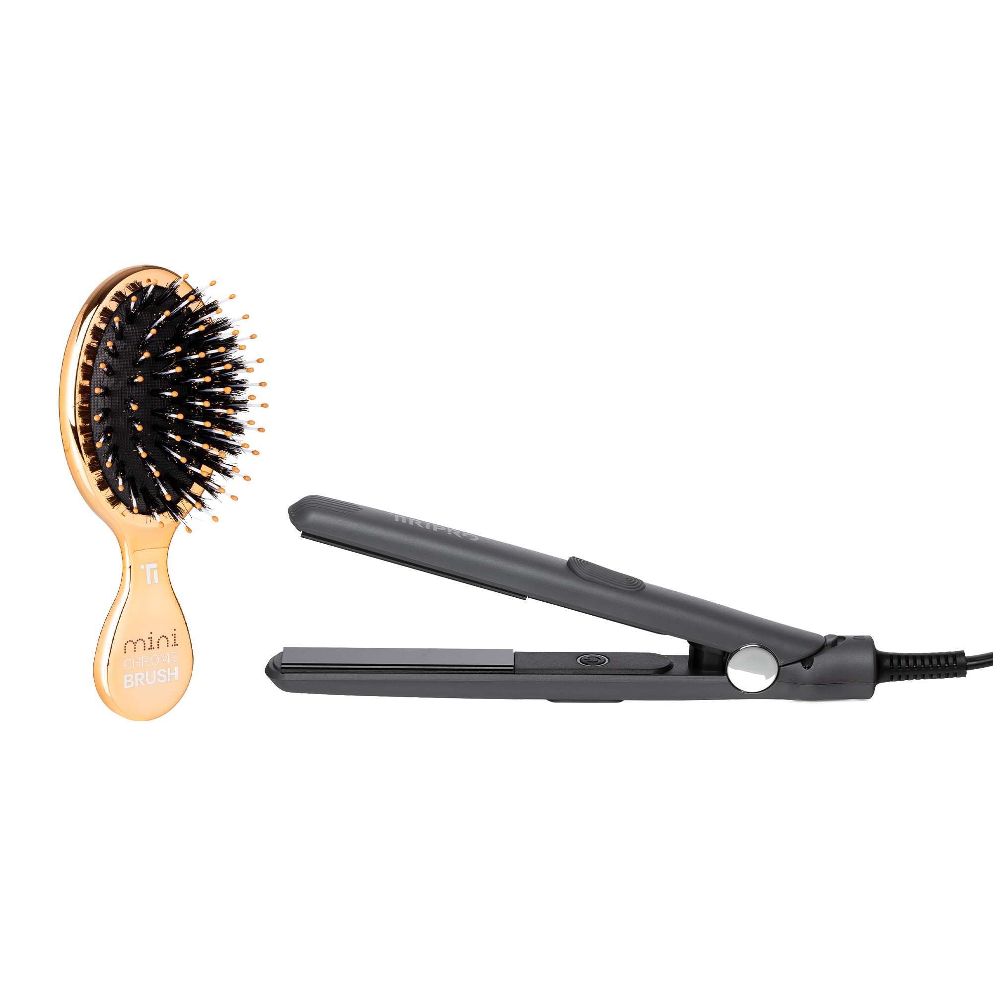 TO-GO Compact Flat Iron 1/2" and Mini Chrome Boar Bristle Brush Set
