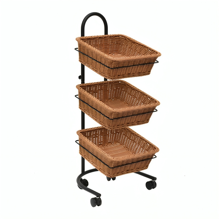 5 Tier Mobile Merchandiser with Retangular Plastic Wicker Baskets