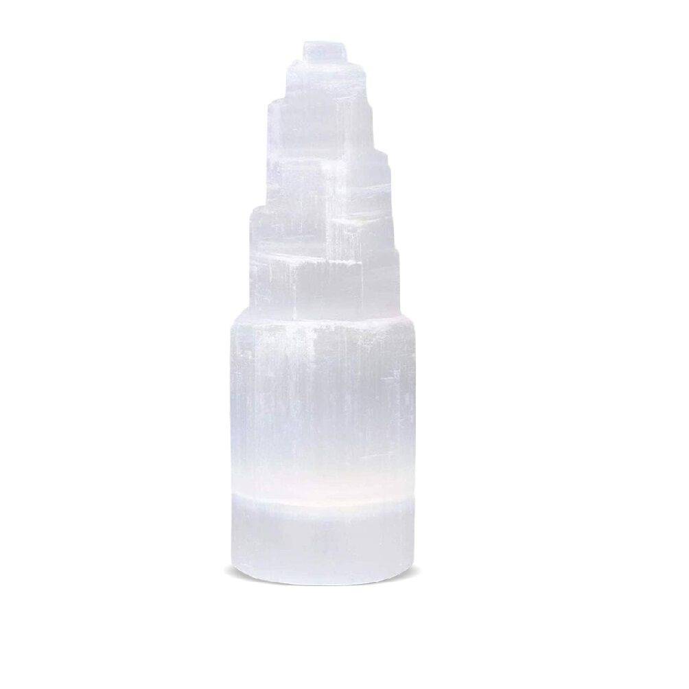 Himalayan Glow Selenite Moroccan Tower, Hand Carved &ndash; White, 15 cm
