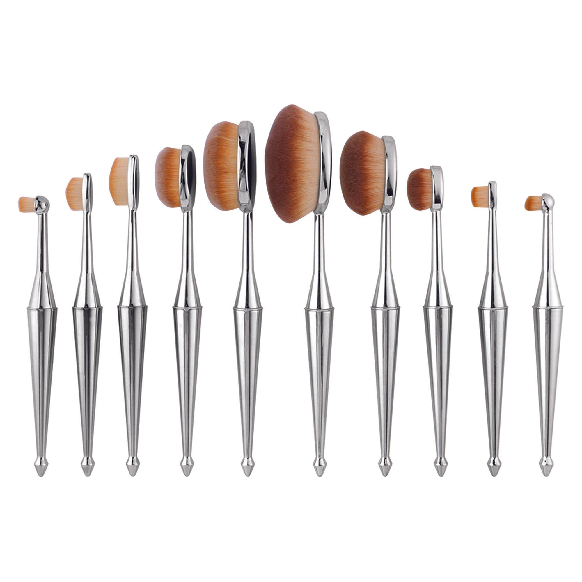 10-Piece Professional Oval Kabuki Metallic Makeup Brush Set