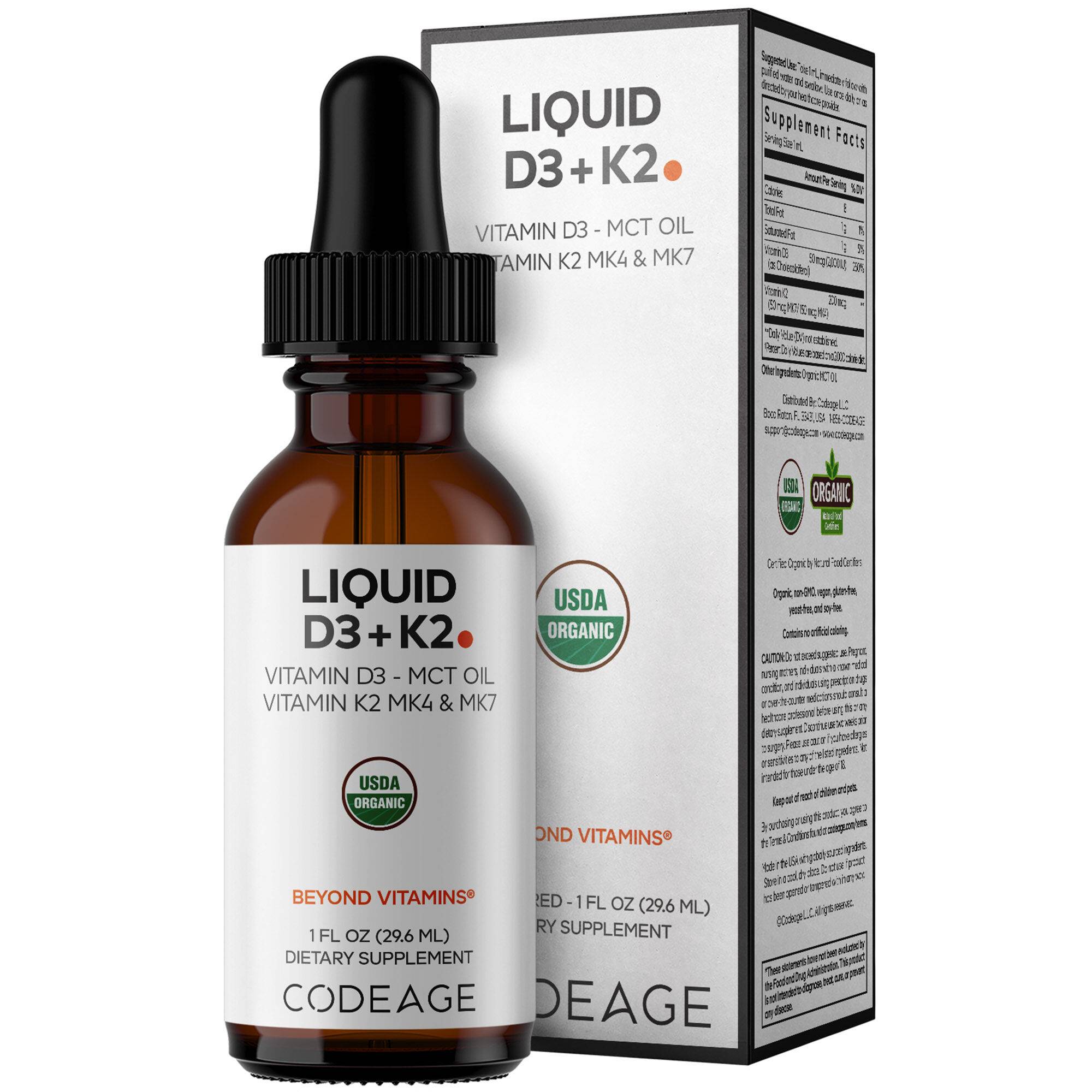 USDA Organic Liquid Vitamin D3+K2 2000IU Liquid Drops - Immune Support